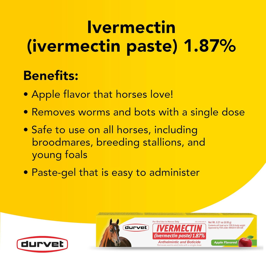 Durvet Ivermectin Horse Wormer Apple Flavor Broad Spectrum Equine Dewormer 6PCK