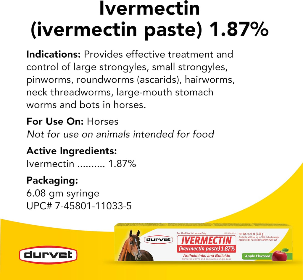 Durvet Ivermectin Horse Wormer Apple Flavor Broad Spectrum Equine Dewormer 6PCK